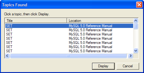 "Title: SET; Location: MySQL 5.0 Reference Manual" - repeated seven times, with a scroll bar indicating many more lines