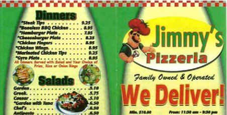 Jimmy's Pizzeria menu: a PDF containing a scan of their physical, take-out menu.